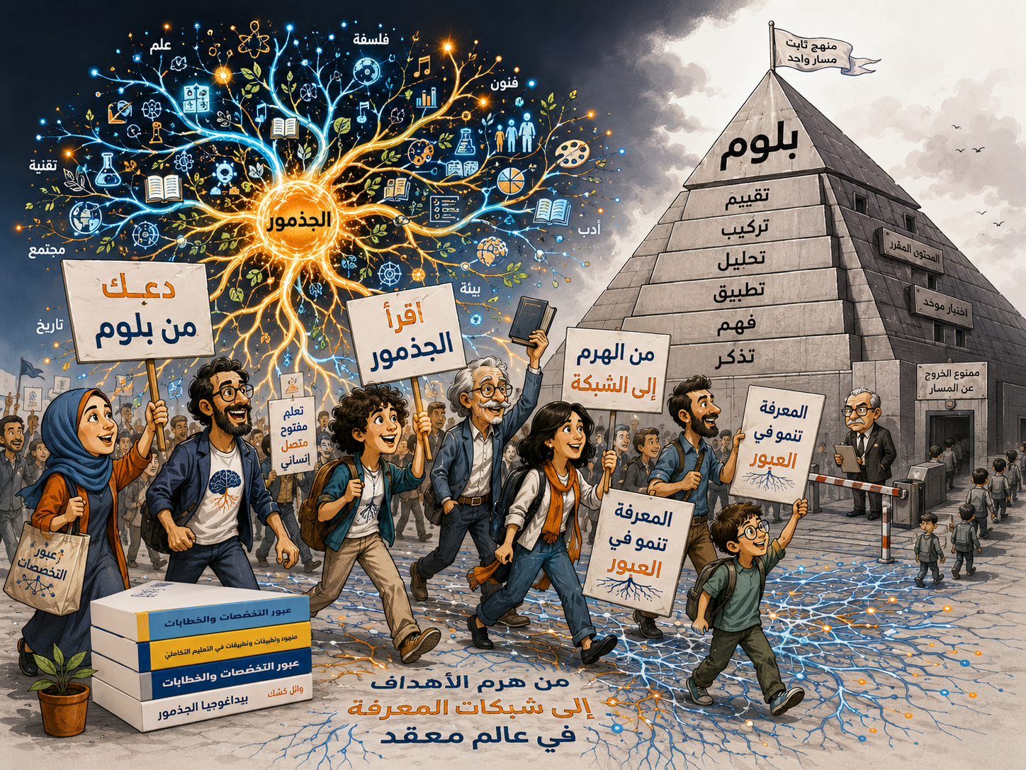 كاريكاتير يقارن هرم بلوم بشبكة الجذمور في التعلم